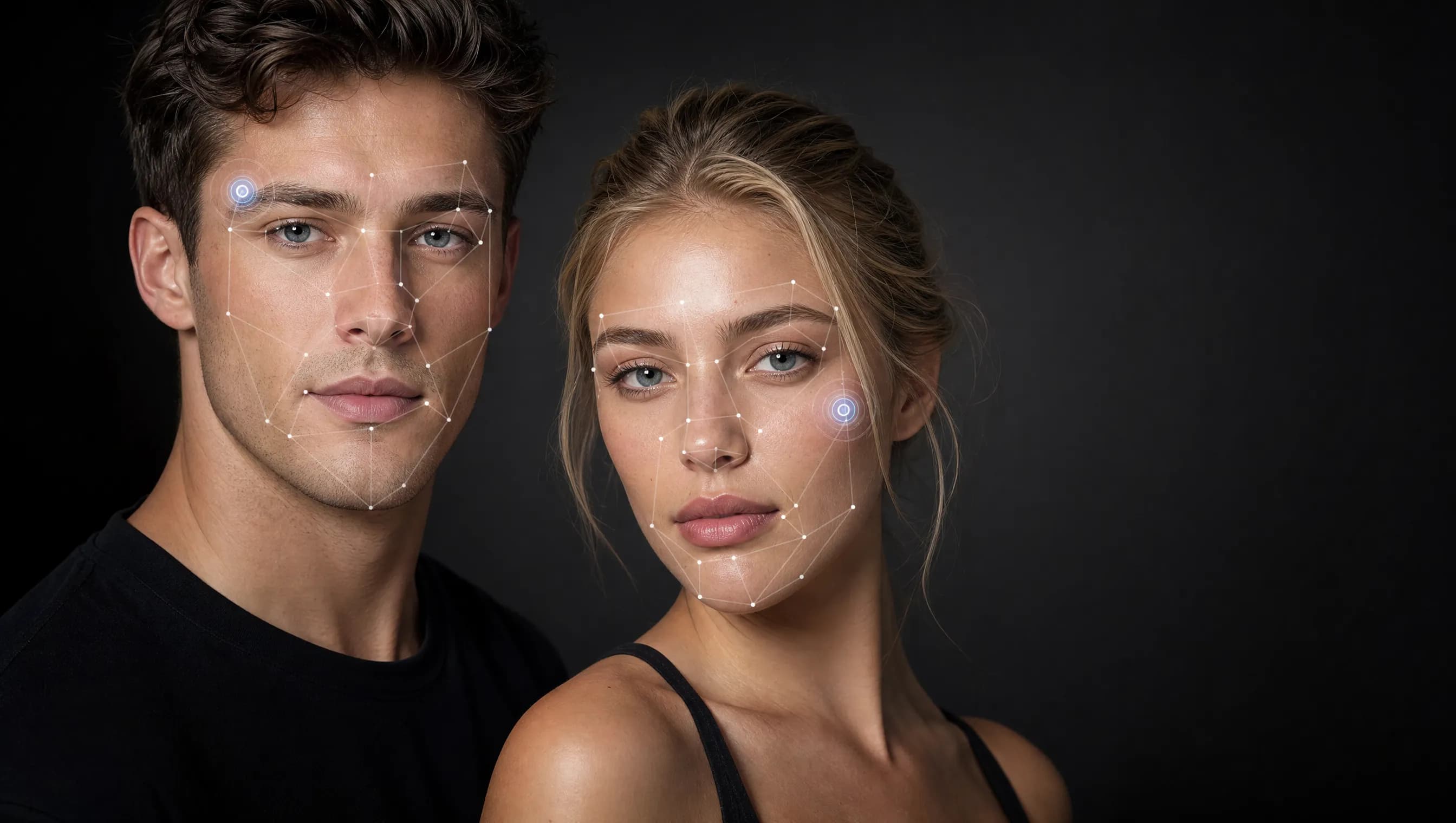 AI facial-analysis landmark overlay mapped across two faces